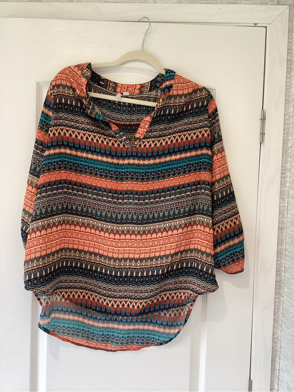Cato Striped V-Neck Blouse in Coral, Teal & Navy